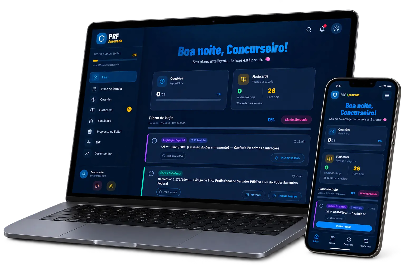 Plataforma PRF Aprovado no notebook e no celular, mostrando o plano de estudos do dia