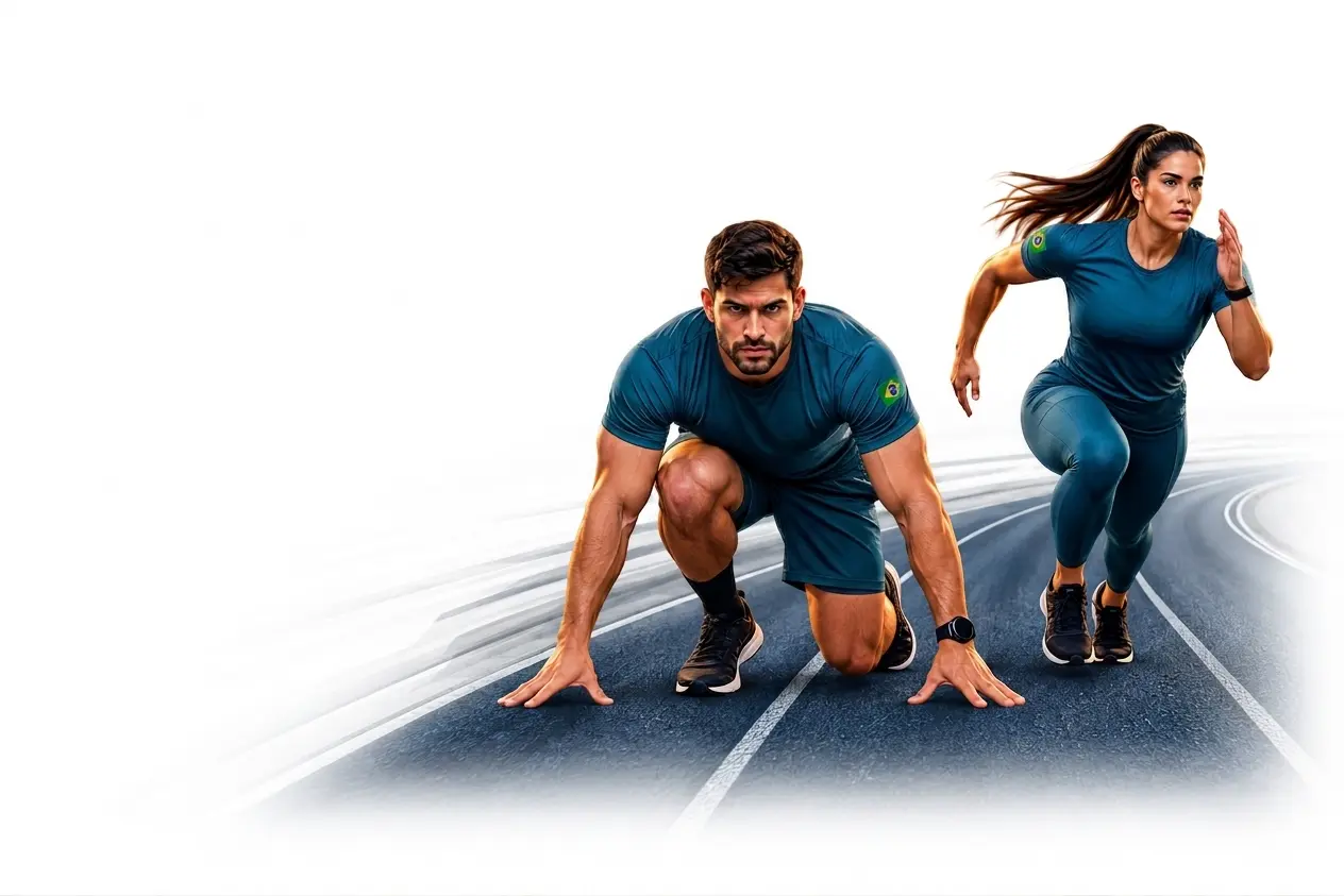 Dois candidatos em posição de largada em uma pista de corrida, com uniforme de treino da PRF